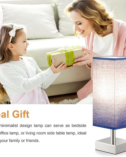 Navy Blue Small Lamp for Bedroom - Bedside Lamps for Nightstand, Minimalist Night Stand Lamp with Square Fabric Shade, Desk Reading Lamp for Boys Room Living Room Office with Sliver Base - LeafyLoom