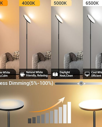 Floor Lamp, Upgraded 36W 3600LM Super Bright Torchiere LED Floor Lamps for Living Room, Stepless Dimmable Color Temperature 2700K-6500K with Remote & Touch Control, Standing Light for Bedroom Office - LeafyLoom