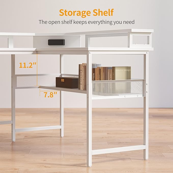CubiCubi L Shaped Gaming Desk with LED Lights and Power Outlets, 58" Reversible Corner Computer Desk with Storage Shelves and Drawer, Home Office Desk with Monitor Stand, White - LeafyLoom