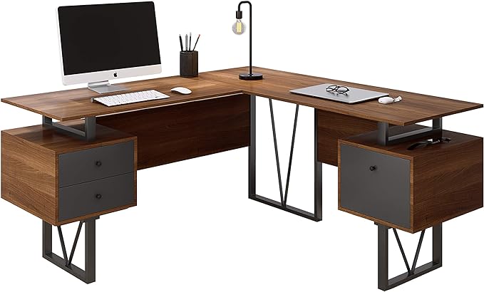 Techni Mobili Reversible Modern Versatile L Shaped Drawers and File Cabinet Home Office Desk, 59" W x 57.3" D x 30" H, Brown, Grey - LeafyLoom
