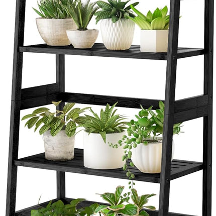 4-Tier Bamboo Bookshelf Ladder Shelf Book Shelf Bookcase Freestanding Storage Rack Plant Stand for Bedroom, Living Room, Bathroom, Small Space, Color Black - LeafyLoom