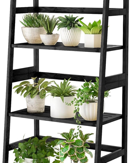 4-Tier Bamboo Bookshelf Ladder Shelf Book Shelf Bookcase Freestanding Storage Rack Plant Stand for Bedroom, Living Room, Bathroom, Small Space, Color Black - LeafyLoom