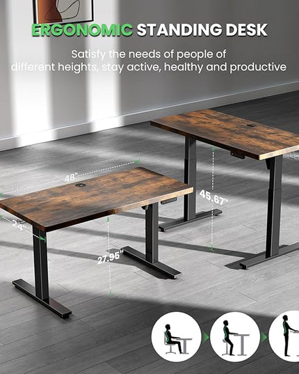 Electric Standing Desk Adjustable - 48 x 24 Inch Sit Stand up Desk with Cable Management - 3 Memory Preset Adjustable Height Desk Computer Home Office Desk - LeafyLoom
