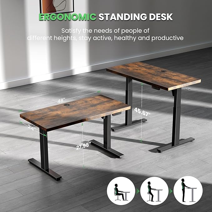 Electric Standing Desk Adjustable - 48 x 24 Inch Sit Stand up Desk with Cable Management - 3 Memory Preset Adjustable Height Desk Computer Home Office Desk - LeafyLoom