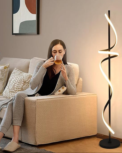 Modern Spiral Floor Lamp with Remote Control, 48W LED Floor Lamps for Living Room, 3 Colors Dimmable Tall Standing Lamp for Living Room, 60'' Modern Floor lamp for Bedroom Black - LeafyLoom