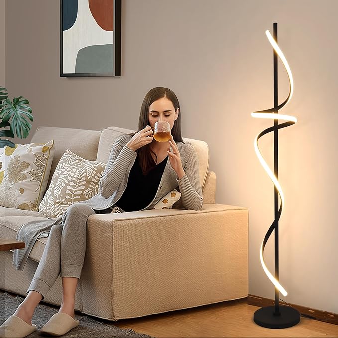 Modern Spiral Floor Lamp with Remote Control, 48W LED Floor Lamps for Living Room, 3 Colors Dimmable Tall Standing Lamp for Living Room, 60'' Modern Floor lamp for Bedroom Black - LeafyLoom