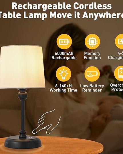 Cordless LED Table Lamp, 6000mAh Rechargeable Bedside Night Lamp for Bedroom, Portable Touch Stepless Dimmable Battery Operated Lamp, Ambient Light for Patio Restaurant(Black S) - LeafyLoom