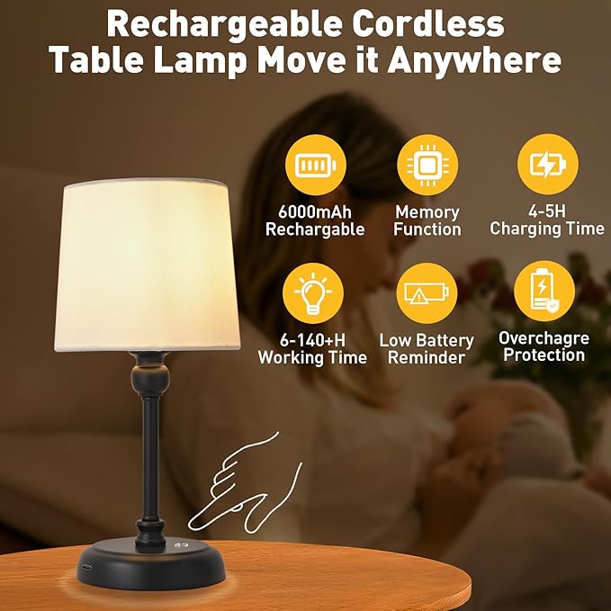 Cordless LED Table Lamp, 6000mAh Rechargeable Bedside Night Lamp for Bedroom, Portable Touch Stepless Dimmable Battery Operated Lamp, Ambient Light for Patio Restaurant(Black S) - LeafyLoom
