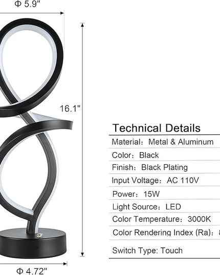 Modern Table Lamp, LED Spiral Lamp, RGB Table Lamp, Black Bedside Lamp with 7 Colors 10 Light Modes, Touch Dimmable Nightstand Lamp for Bedroom Living Room Home Office, 15W - LeafyLoom