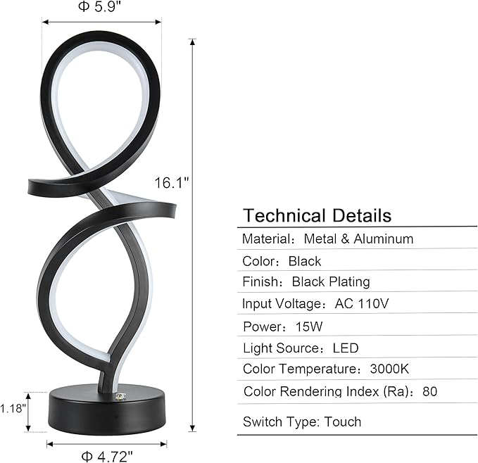 Modern Table Lamp, LED Spiral Lamp, RGB Table Lamp, Black Bedside Lamp with 7 Colors 10 Light Modes, Touch Dimmable Nightstand Lamp for Bedroom Living Room Home Office, 15W - LeafyLoom