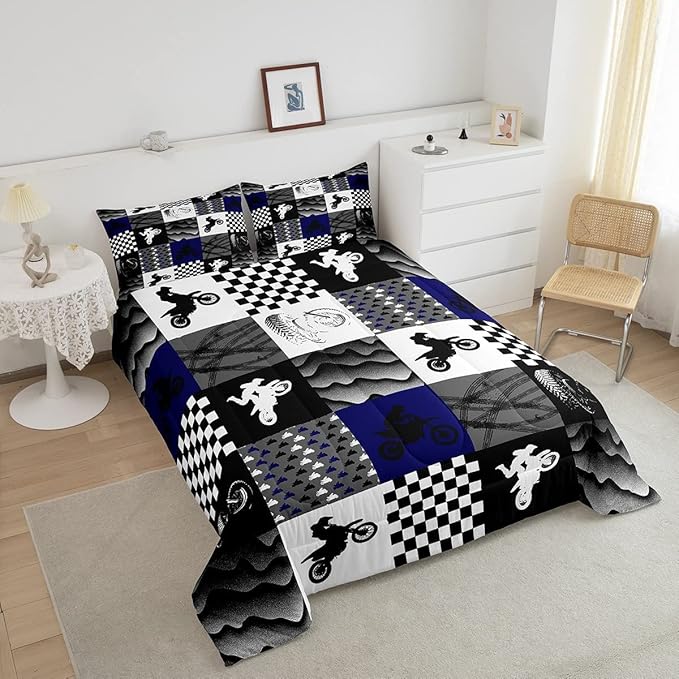 Dirt Bike Comforter Set, Motocross Rider Bedding Comforter Sets King, Motorcycle Grunge Down Comforter for Kids Boys Adult Men, Motorbike Extreme Sport Game Comforter, Buffalo Plaid, Blue Grey Black - LeafyLoom