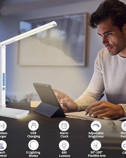 10 in 1 Smart Led Desk Lamp, Desk Table Lamp for Home Office, Eye-Caring Office Lamp with Night Lights, Lamp for Desk with 10W Wireless Charger, Dimmable Touch Lamp for Bedroom Reading Study Work - LeafyLoom