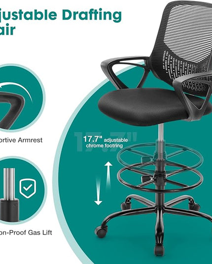 OLIXIS Drafting Tall Standing Desk Counter Height Office Chairs with Adjustable Foot Ring, Charcoal Black - LeafyLoom