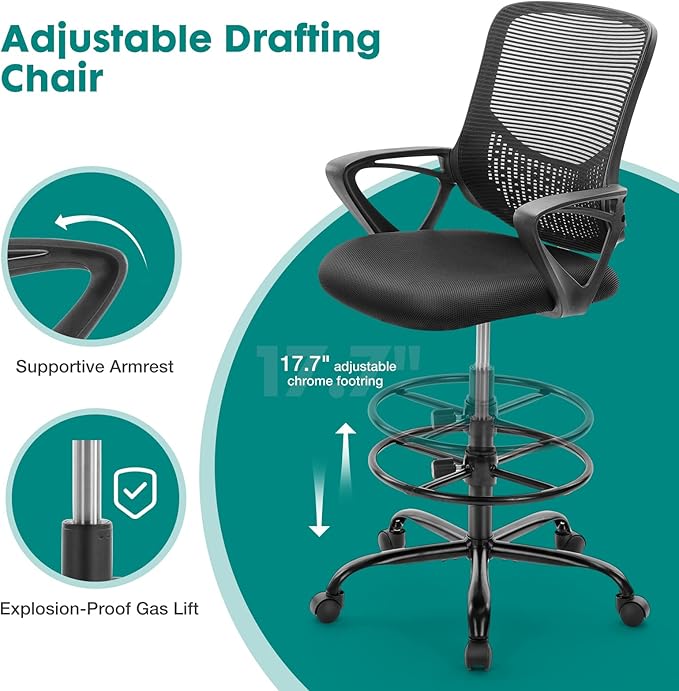 OLIXIS Drafting Tall Standing Desk Counter Height Office Chairs with Adjustable Foot Ring, Charcoal Black - LeafyLoom