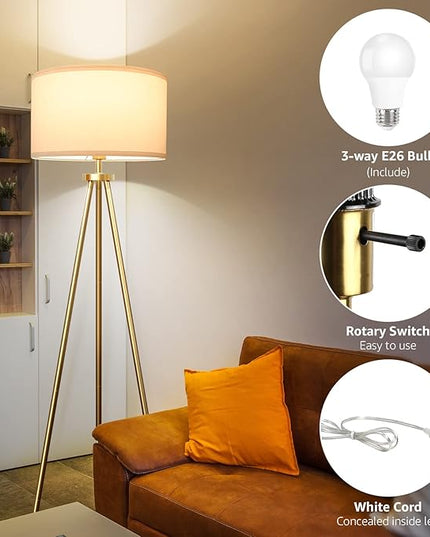 Tripod Floor Lamps for Living Room, Modern Standing Lamp with Drum Shade, Simple Industrial Tall Lamp, 9W LED Bulb Included - Brass - LeafyLoom