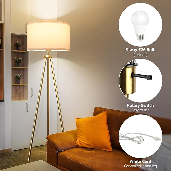 Tripod Floor Lamps for Living Room, Modern Standing Lamp with Drum Shade, Simple Industrial Tall Lamp, 9W LED Bulb Included - Brass - LeafyLoom
