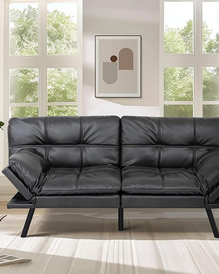 MUUEGM Faux Leather Futon Sofa Bed, Convertible Memory Foam Couch Bed, Modern Love Seat for Living Room,Compact Space,Apartment,Office,Adjustable Backrests Armrests Couch Sleeper,71" Matte Black - LeafyLoom
