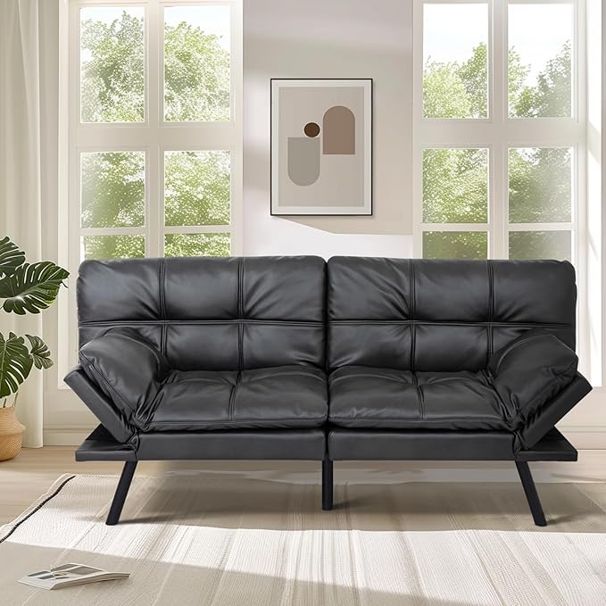 MUUEGM Faux Leather Futon Sofa Bed, Convertible Memory Foam Couch Bed, Modern Love Seat for Living Room,Compact Space,Apartment,Office,Adjustable Backrests Armrests Couch Sleeper,71" Matte Black - LeafyLoom