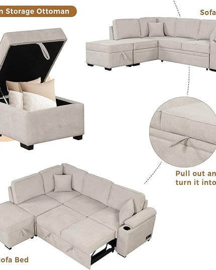 87.4" L Shape Sleeper Sectional Sofa w/Pull Out Bed & Storage Ottoman, Velvet Upholstered Couch, for Living Room, Bedroom and Small Apartment, 87.4 Inch, Knox Charcoal - LeafyLoom