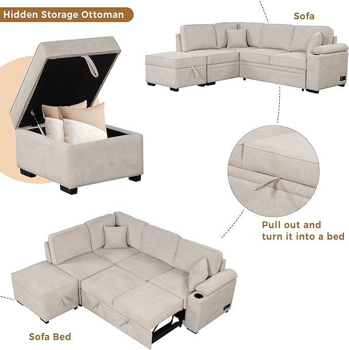 87.4" L Shape Sleeper Sectional Sofa w/Pull Out Bed & Storage Ottoman, Velvet Upholstered Couch, for Living Room, Bedroom and Small Apartment, 87.4 Inch, Knox Charcoal - LeafyLoom