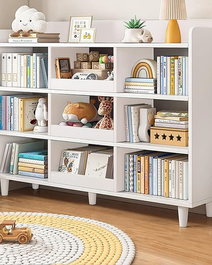 Wooden Cube Bookcase with Legs - 3-Tier Open Shelf Kidsroom Sorted Storage Cabinet Organizer for Books and Toys, 9-Cube Lattice Cute Cubby Bookshelf in Pearl White, 55" W - LeafyLoom
