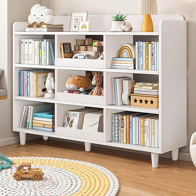 Wooden Cube Bookcase with Legs - 3-Tier Open Shelf Kidsroom Sorted Storage Cabinet Organizer for Books and Toys, 9-Cube Lattice Cute Cubby Bookshelf in Pearl White, 55" W - LeafyLoom