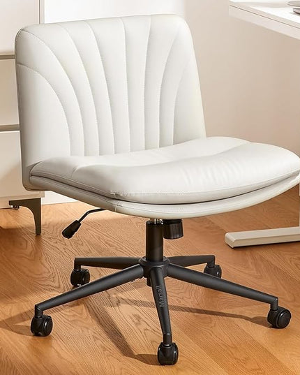 Marsail Armless-Office Desk Chair with Wheels: PU Leather Cross Legged Wide Chair,Comfortable Adjustable Swivel Computer Task Chairs for Home,Office,Make Up,Small Space,Bed Room(Light Beige) - LeafyLoom