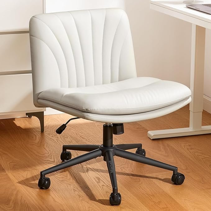Marsail Armless-Office Desk Chair with Wheels: PU Leather Cross Legged Wide Chair,Comfortable Adjustable Swivel Computer Task Chairs for Home,Office,Make Up,Small Space,Bed Room(Light Beige) - LeafyLoom