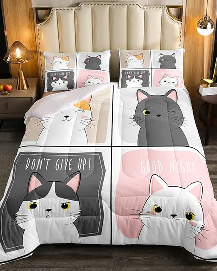 Erosebridal Kawaii Cats Comforter Set Queen,Pink Grey Cute Little Cat Down Comforter Adorable Kitten Animal Bedding Set For Kids Boys Girls Patchwork Cartoon Doodle Quilt Duvet Set With 2 Pillow Cases - LeafyLoom
