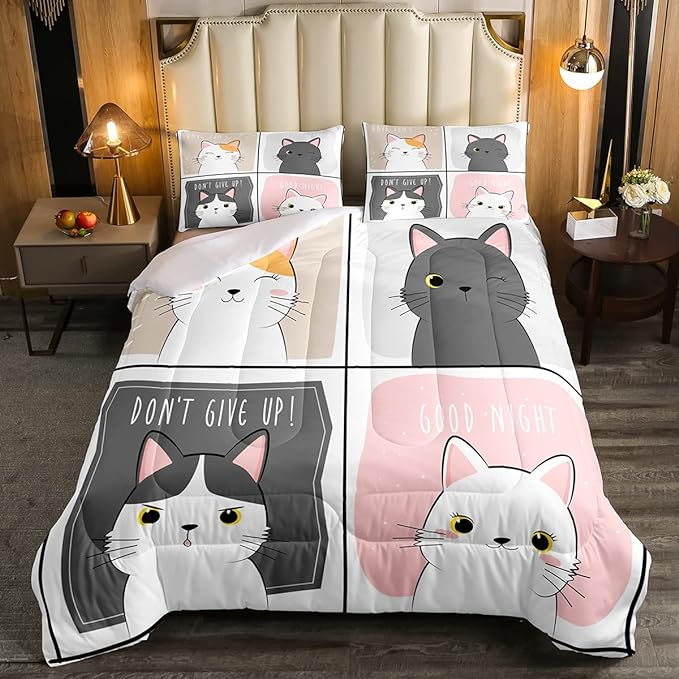 Erosebridal Kawaii Cats Comforter Set Queen,Pink Grey Cute Little Cat Down Comforter Adorable Kitten Animal Bedding Set For Kids Boys Girls Patchwork Cartoon Doodle Quilt Duvet Set With 2 Pillow Cases - LeafyLoom