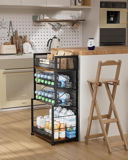 4-Tier Rolling Storage Cart Organizer with 2 Mesh Sliding Trays, Can,Drink,Snack Organizer Shelves, Retro Utility Cart on Lockable Wheels for Kitchen,Bathroom,Study,Pantry - LeafyLoom