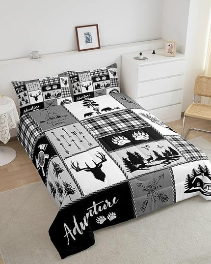 Deer Bear Comforter Set Full Size,Pine Trees Christmas Bedding Set for Kids Boys Girls Adults Room Decor,Camping Adventure Rustic Farmhouse Down Comforter,Black Retro Duvet Insert,2 Pillowcases - LeafyLoom