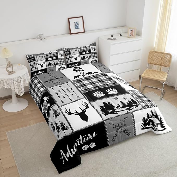 Deer Bear Comforter Set Full Size,Pine Trees Christmas Bedding Set for Kids Boys Girls Adults Room Decor,Camping Adventure Rustic Farmhouse Down Comforter,Black Retro Duvet Insert,2 Pillowcases - LeafyLoom