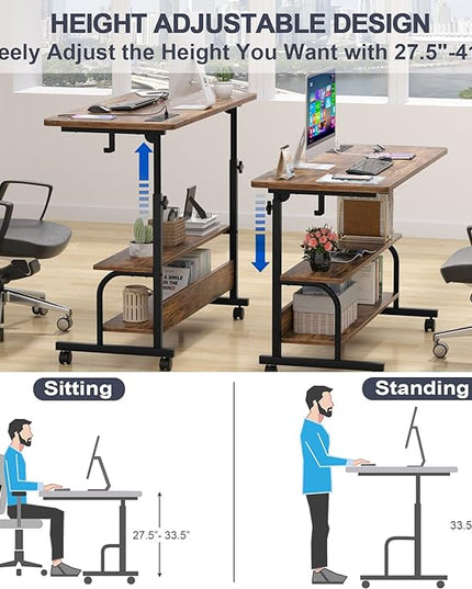 Height Adjustable Standing Desk with Power Outlets, 39" Manual Stand Up Desk with Storage Shelves Small Mobile Rolling Computer Desk Portable Laptop Table with Wheels for Home Office, Rustic - LeafyLoom