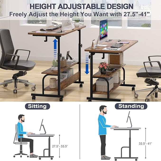 Height Adjustable Standing Desk with Power Outlets, 39" Manual Stand Up Desk with Storage Shelves Small Mobile Rolling Computer Desk Portable Laptop Table with Wheels for Home Office, Rustic - LeafyLoom