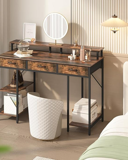 Yoobure Computer Desk with Drawers, Office Desk with LED Lights & Outlets, Small Desk with Storage Shelves, Gaming Desk 48" Home Office Desks with Monitor Stand, Writing Desk for Bedroom Small Spaces - LeafyLoom