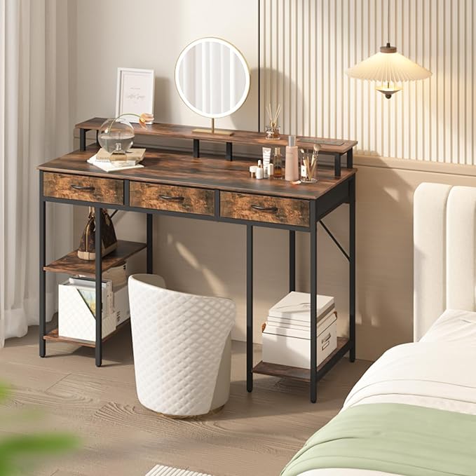 Yoobure Computer Desk with Drawers, Office Desk with LED Lights & Outlets, Small Desk with Storage Shelves, Gaming Desk 48" Home Office Desks with Monitor Stand, Writing Desk for Bedroom Small Spaces - LeafyLoom