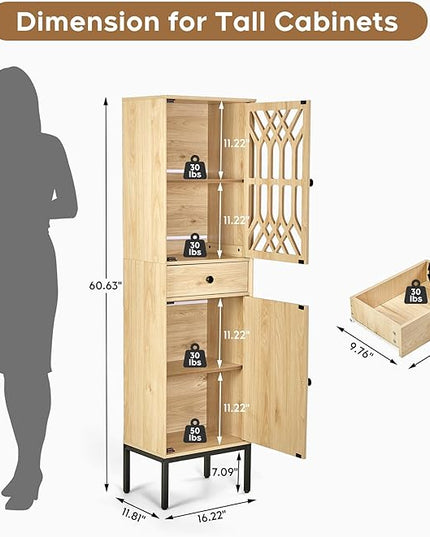 XIAO WEI 2-Piece Tall Cabinet Narrow Linen arched cabinet Storage Cabinet Natural Rattan Doors Fretwork Pattern Doors for Living Room Entryway Kitchen Home Office Bathroom - LeafyLoom
