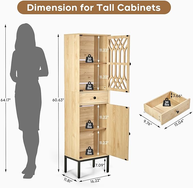 XIAO WEI 2-Piece Tall Cabinet Narrow Linen arched cabinet Storage Cabinet Natural Rattan Doors Fretwork Pattern Doors for Living Room Entryway Kitchen Home Office Bathroom - LeafyLoom