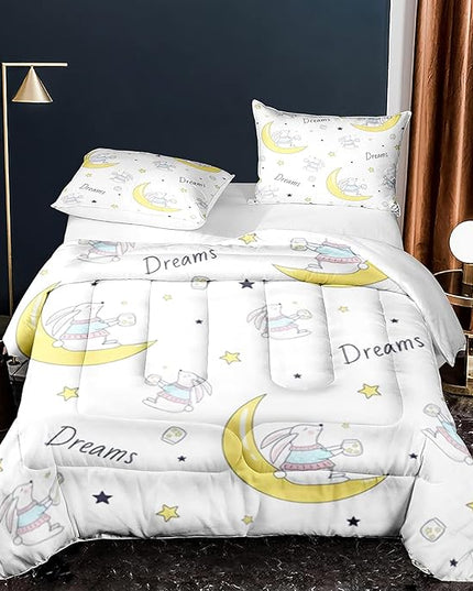 Cartoon Rabbit Sleeping on Moon Comforter Set for Kids Twin Size Bedding Set with Pillowcase Lovely Baby Bed Set Decor Home - LeafyLoom