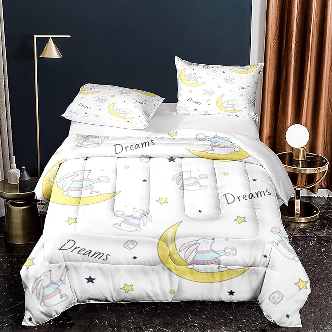 Cartoon Rabbit Sleeping on Moon Comforter Set for Kids Twin Size Bedding Set with Pillowcase Lovely Baby Bed Set Decor Home - LeafyLoom
