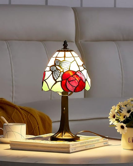 Stained Glass Butterfly with rose Design Table or Desk Light, Tiffany Style mini table Lamp-LED Bulb Included-Vintage Look Colorful Accent Decor - LeafyLoom
