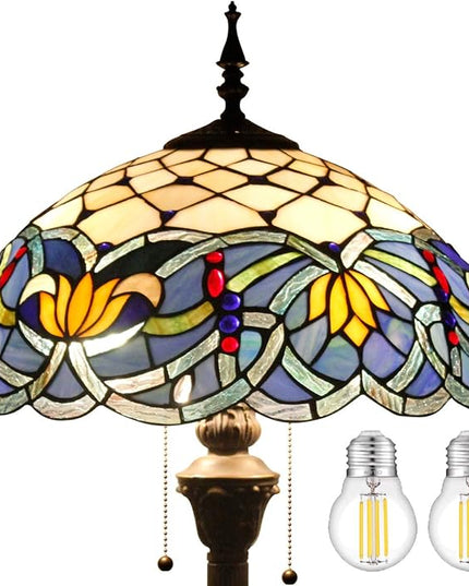 WERFACTORY Tiffany Floor Lamp Blue Lotus Stained Glass Flower Standing Reading Light 16X16X64 Inches Antique Pole Corner Lamp Decor Bedroom Living Room Home Office S220 Series - LeafyLoom