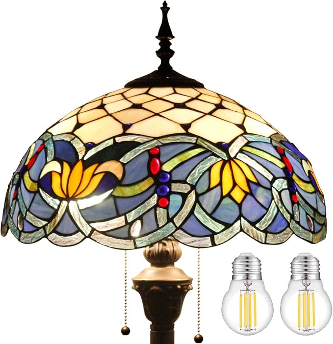 WERFACTORY Tiffany Floor Lamp Blue Lotus Stained Glass Flower Standing Reading Light 16X16X64 Inches Antique Pole Corner Lamp Decor Bedroom Living Room Home Office S220 Series - LeafyLoom