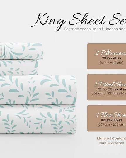 Linen Market 4 Piece King Bedding Sheet Set (Light Blue Vines) - Sleep Better Than Ever with These Ultra-Soft & Cooling Bed Sheets for Your King Size Bed - Deep Pocket Fits 16" Mattress - LeafyLoom