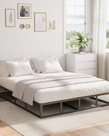 King Bed Frame, 9 Inch High Metal Box Spring with More Steel Slats Support, Sturdy Platform Bedframe Low to Floor, 3500 Lbs Weight Capacity Heavy Duty Mattress Base, Easy Assembly, Black - LeafyLoom