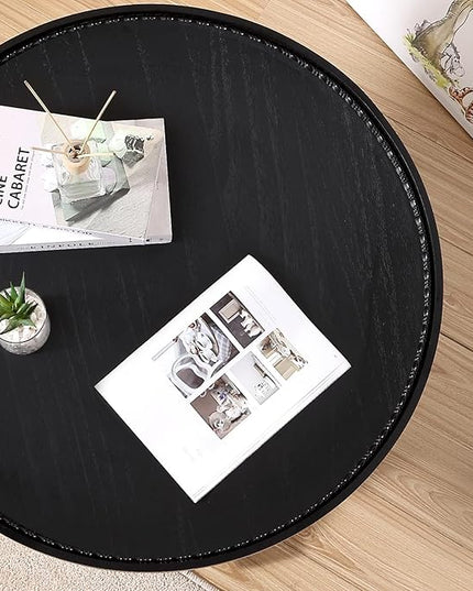 Wnutrees Farmhouse Round Coffee Table,Wood Tray Top Circle Coffee Table with Storage Shelf Rustic Style for Living Room and Vintage Finish,Black - LeafyLoom