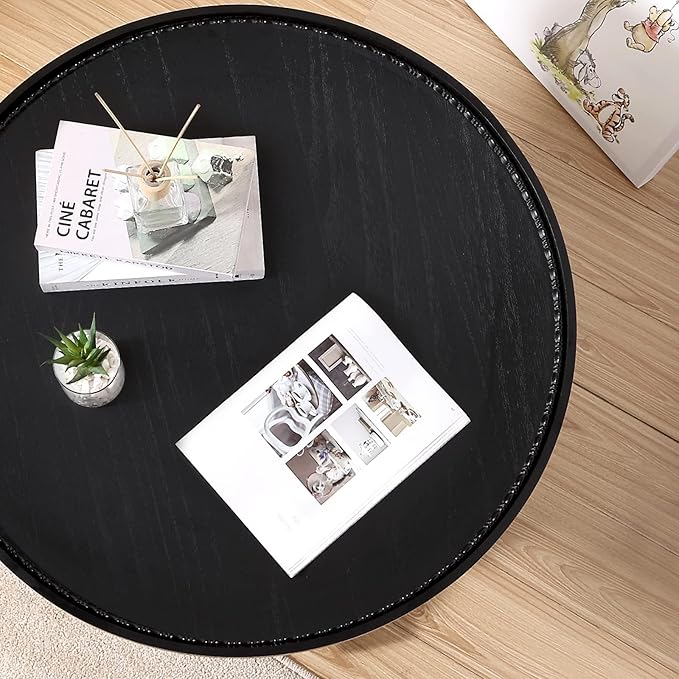 Wnutrees Farmhouse Round Coffee Table,Wood Tray Top Circle Coffee Table with Storage Shelf Rustic Style for Living Room and Vintage Finish,Black - LeafyLoom