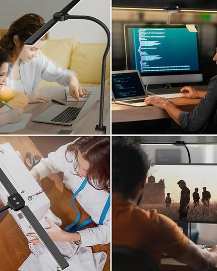 LED Desk Lamp for Home Office, Double Head Computer Desk Lights with Clamp & Wireless Remote, 12 Lighting Modes, Flexible Gooseneck Adjustable Smart Table Reading Study - LeafyLoom