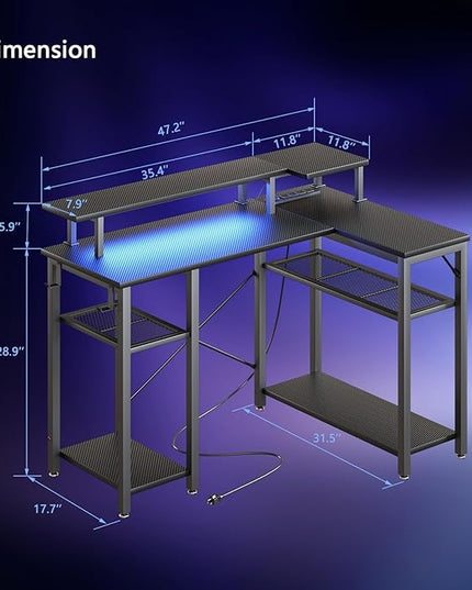 Gaming Desk with Power Outlets & Music Strip Lights, L-Shaped Desk with 2-Layer Storage on Both Sides, Large Monitor Stand for Office Home - LeafyLoom